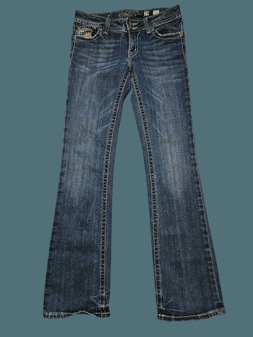 Miss Me JP5001-2 Bootcut Y2K Bling Badie Flap Pockets Low Rise Jeans Women 29